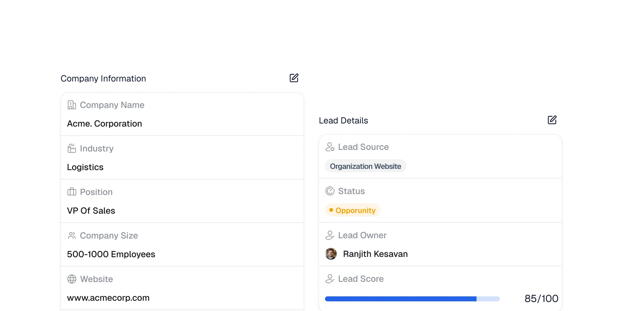 Customer profile showing company details, role, size, and website.
